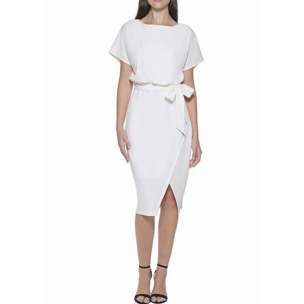 Kensie Size 2 Textured Knit‎ Boat Neck Self-Tie Waist Faux Wrap Blouson Dress